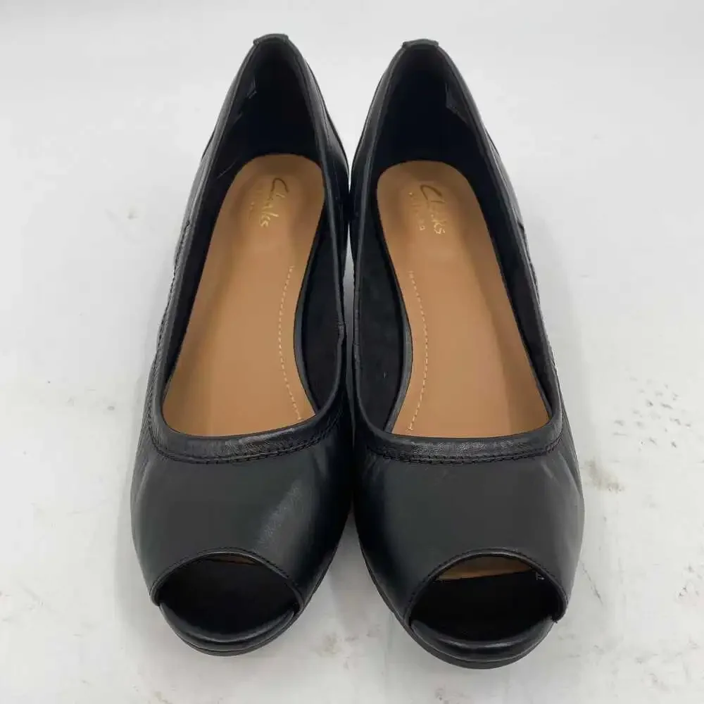 Clarks Black Vendra Peep Toe Wedges | Women’s Size 8